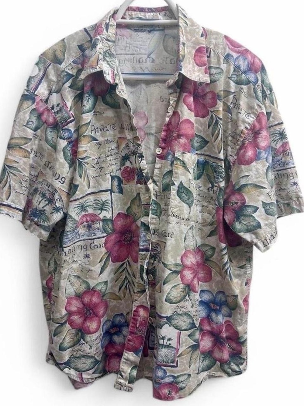 80s vintage tropical postcard print button-up